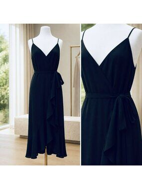 J Crew Black Faux Wrap Drapey Ruffled Spaghetti Strap Belted Midi Dress Sz 16